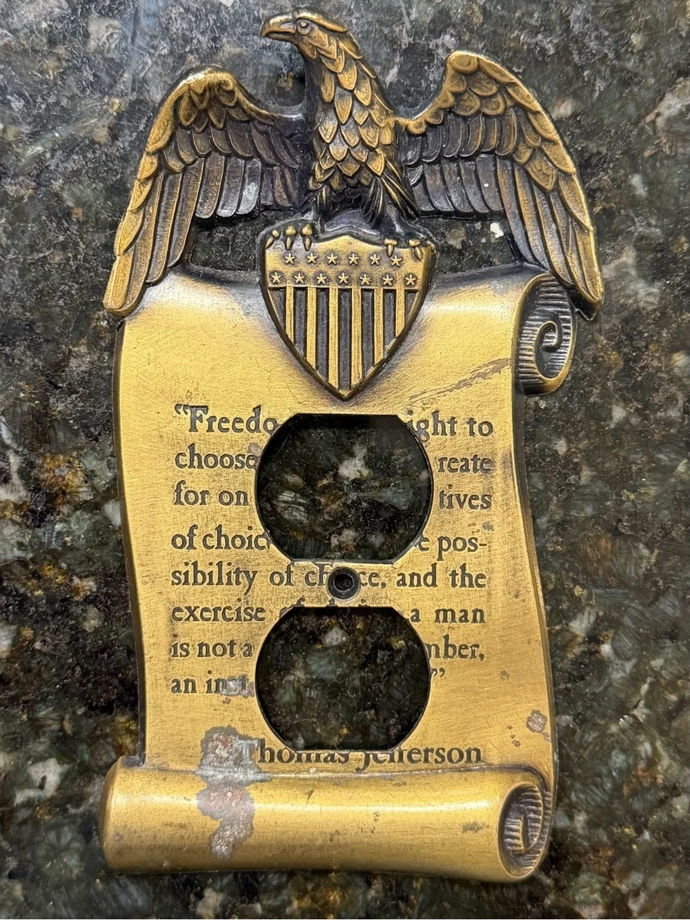 Vintage 1967 Thomas Jefferson Eagle Brass Outlet Cover M.C. Co.